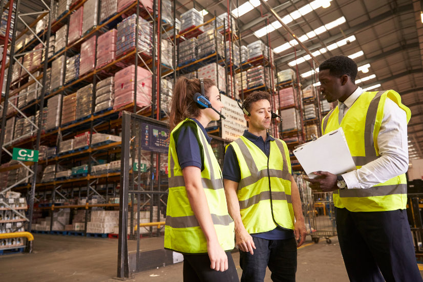 Three members of staff wearing high visibility jackets in a warehouse to show advantages of hiring temporary warehouse staff
