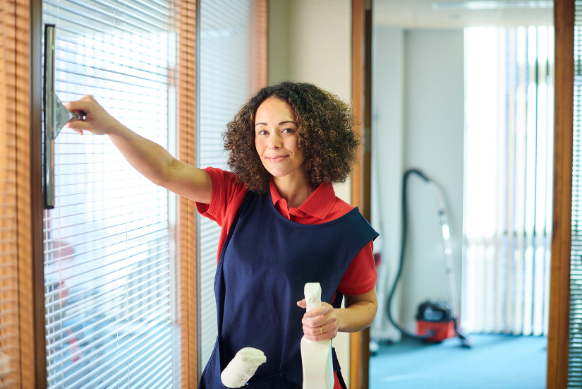 A female office cleaner with cleaning supplies to show ways your commercial office can get the most out of cleaning services