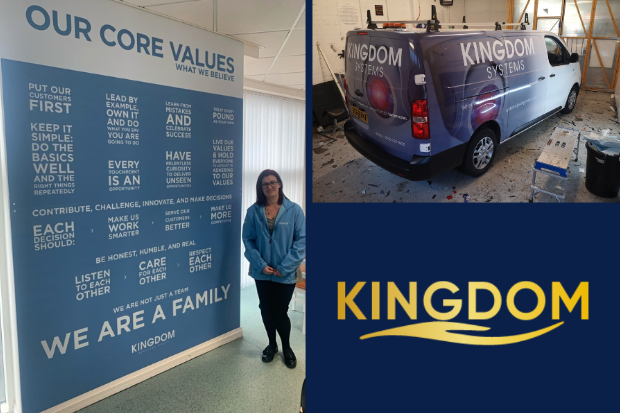 A graphic featuring kingdom's logo, a van with kingdom branding and a woman standing next to a sign talking about core values